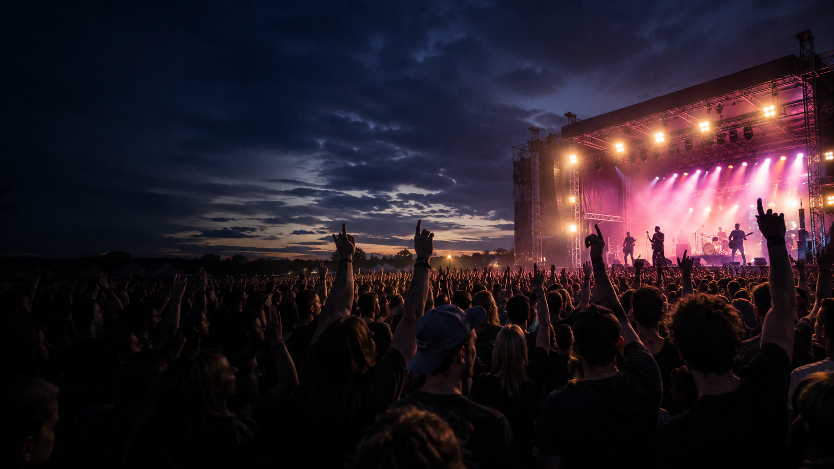 Rockfestival-Crowd vor einer beleuchteten Bühne